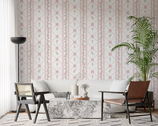 Pink floral trellis wallpaper in a living room with a white sofa and marble coffee table GD12412