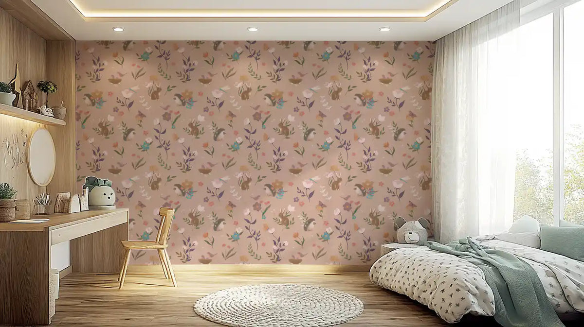 Forest friends wallpaper in a girls room with a wooden vanity and mint bed throw GD12414