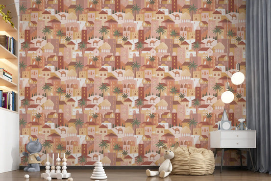 Ancient city wallpaper in a kids room with a white bookshelf and wooden toys GD12415