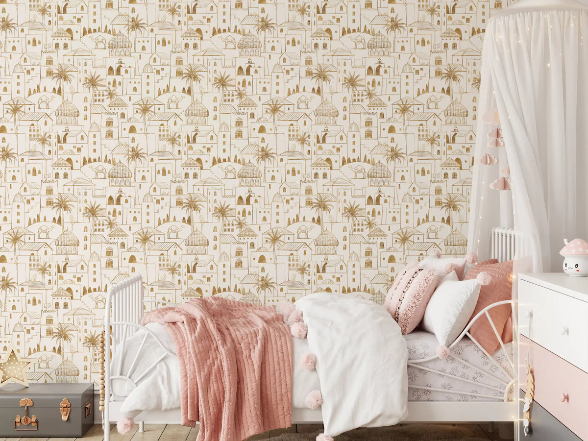 Desert dreams sketch wallpaper in a girls bedroom with a white canopy bed and pink throw GD12417