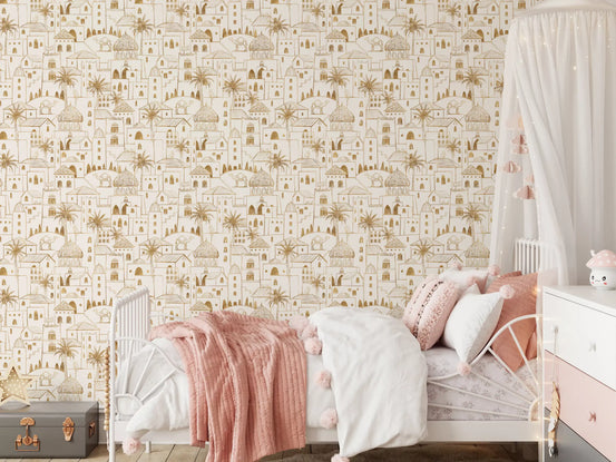 Desert dreams sketch wallpaper in a girls bedroom with a white canopy bed and pink throw GD12417