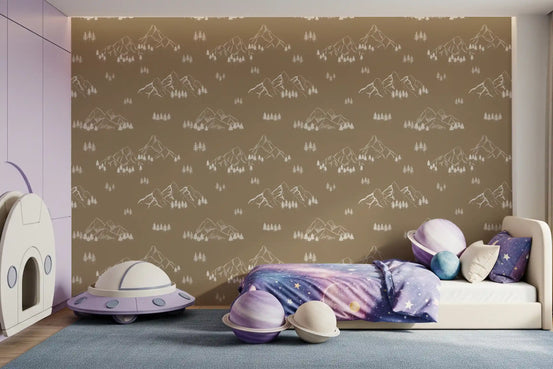 Serene forest peak sketch wallpaper in a kids room with a spaceship bed and galaxy bedding GD12419
