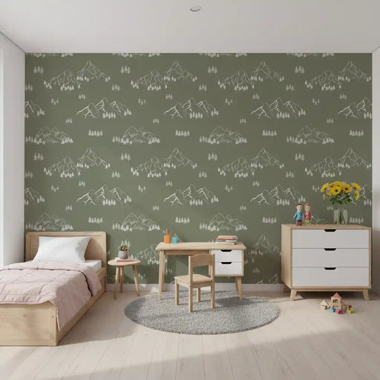 Minimalist alpine peaks wallpaper in a kids room with pink single bed and wooden play table GD12420