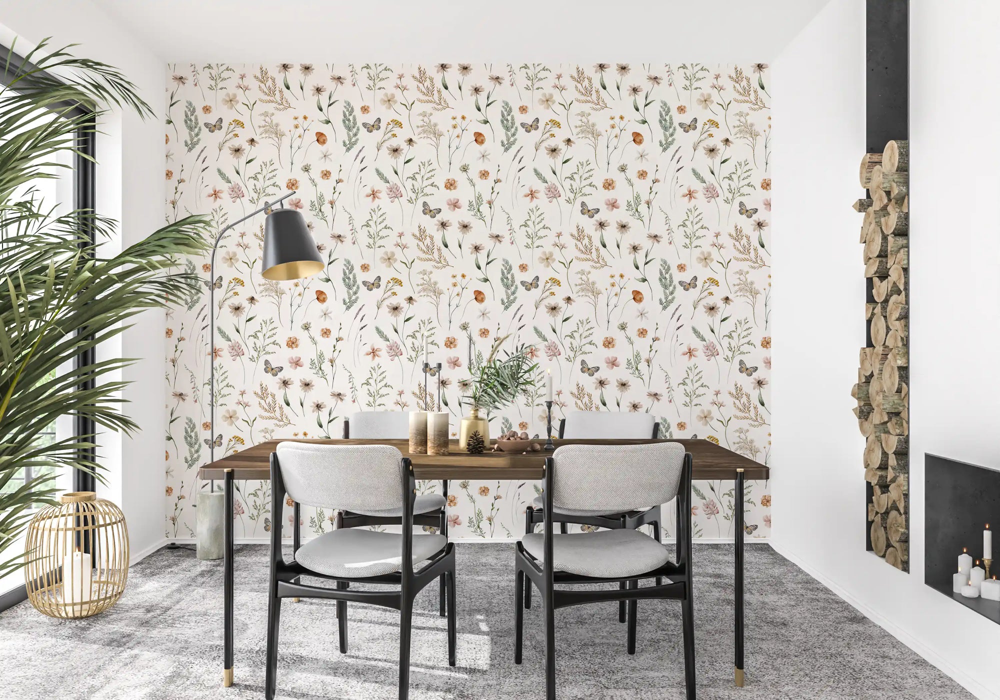 Rustic meadow botanical wallpaper in a dining area with dark wood table and floor lamp GD12423