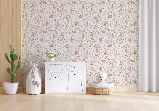 Rustic woodland rabbit wallpaper in a nursery with white dresser and giraffe toy GD12426