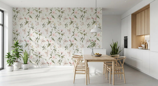 Enchanted floral meadow wallpaper in a kitchen diner with wooden table and plants GD12427