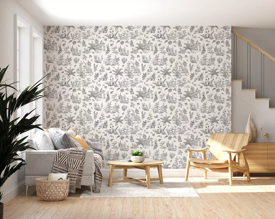 Forest friends botanical sketch wallpaper in a living room with grey sofa and wooden chair GD12428