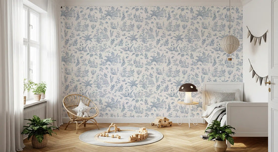 Enchanted forest sketch wallpaper in a nursery with rattan chair and toys on a round rug GD12429