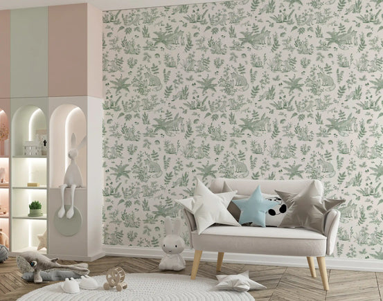 Forest friends sketch wallpaper in a kids room with grey sofa and star cushions GD12430