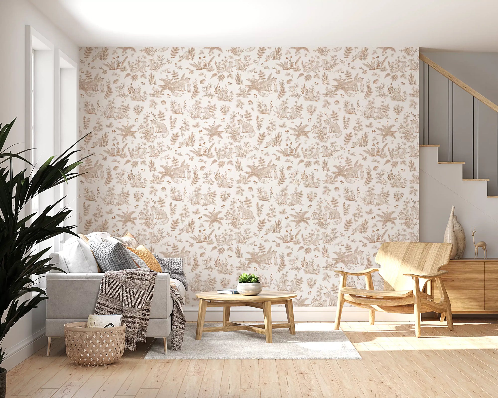 Enchanted forest line art wallpaper in a living room with grey sofa and wooden chair GD12431