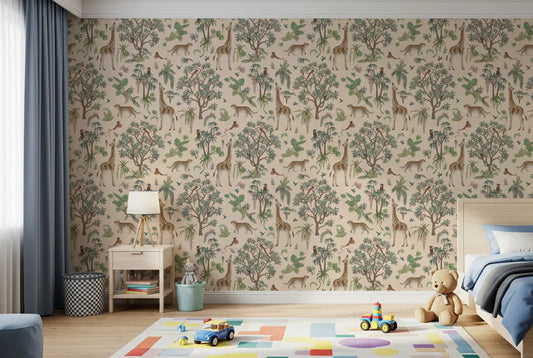 Safari wildlife jungle sketch wallpaper in a kids bedroom with a blue bed and colourful play rug GD12432