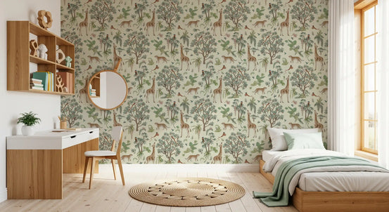 Exotic safari botanical illustration wallpaper in a kids bedroom with a white desk and mint throw bed GD12434