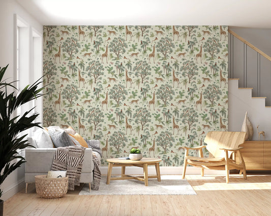 Safari botanical wallpaper in a living room with a grey sofa and round wood coffee table GD12434