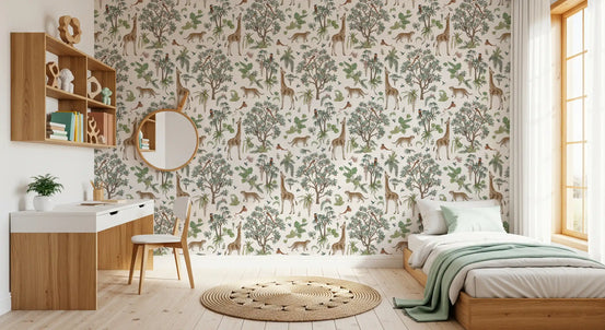 Exotic wildlife forest trail wallpaper in a kids bedroom with a white desk and mint throw bed GD12436