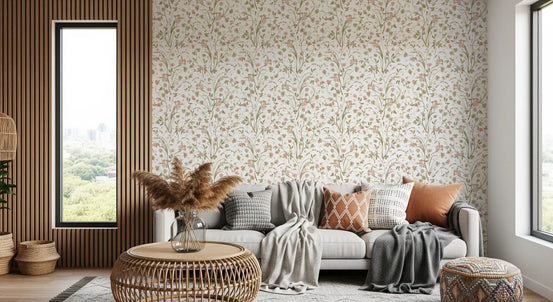 Meadow wildflower botanical wallpaper in a living room with a grey sofa and rattan side table GD12437