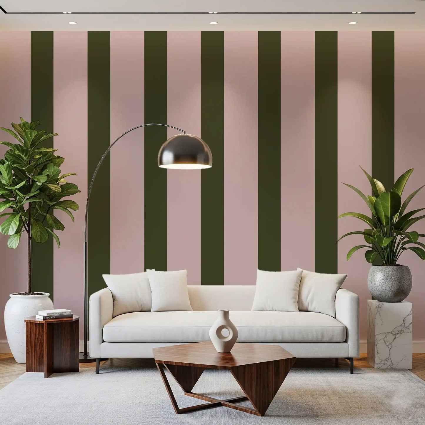 Olive Green and Dusty Rose Vertical Stripe Wallpaper⁠