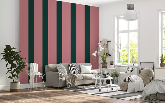 Deep Forest and Dusky Pink Vertical Stripes Wallpaper⁠