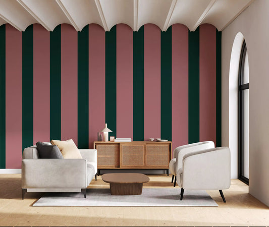 Deep Forest and Dusky Pink Vertical Stripes Wallpaper⁠