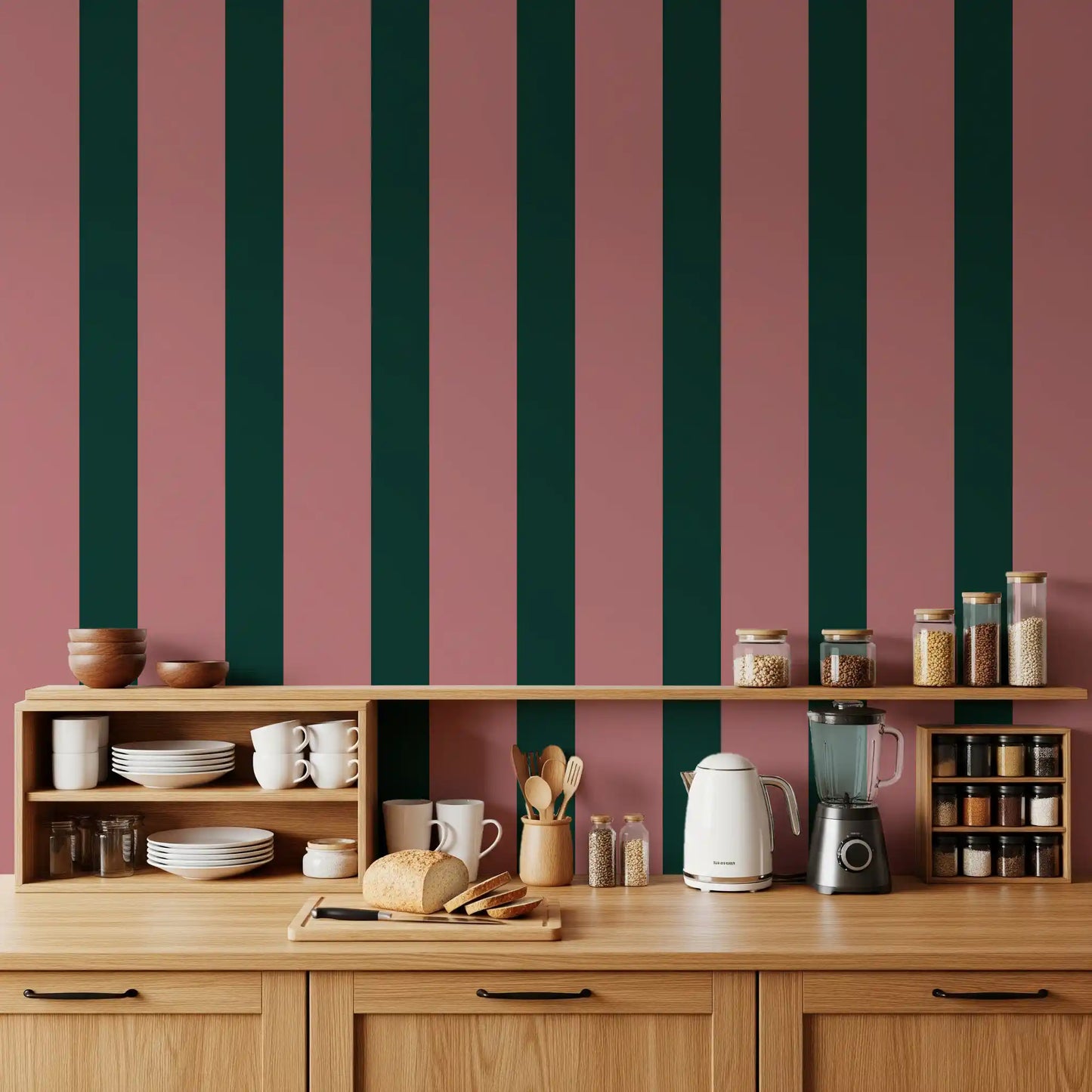 Deep Forest and Dusky Pink Vertical Stripes Wallpaper⁠