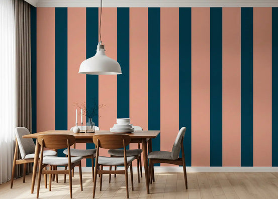 Peach and petrol striped wallpaper in a dining room with a wooden table and mixed chairs GD12445