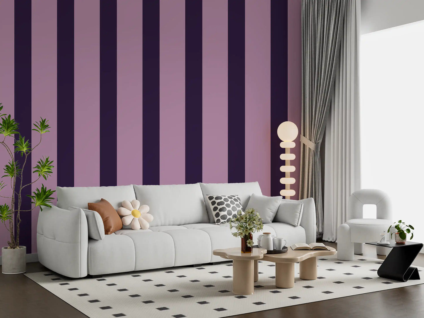 Deep Plum and Soft Lilac Vertical Stripes Wallpaper⁠