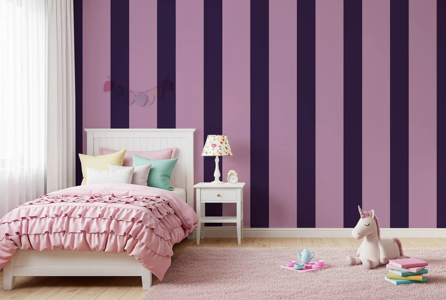 Deep Plum and Soft Lilac Vertical Stripes Wallpaper⁠