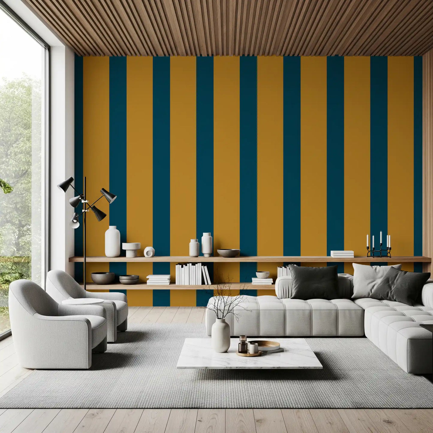 Teal and Ochre Stripe Pattern Wallpaper⁠