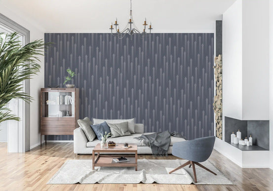 Ascending arrow wallpaper behind a cream sofa and a blue accent armchair GD12453
