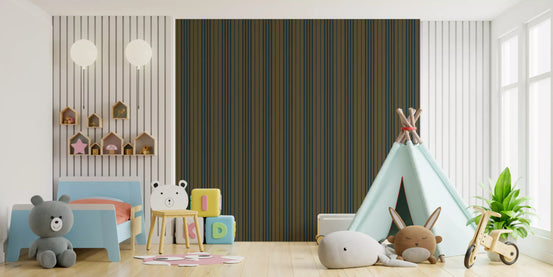 Olive green striped wallpaper in a nursery play corner with a teepee and soft toys GD12455