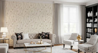 Cream arrow path wallpaper in a classic living room with a tufted sofa and bookshelf GD12457