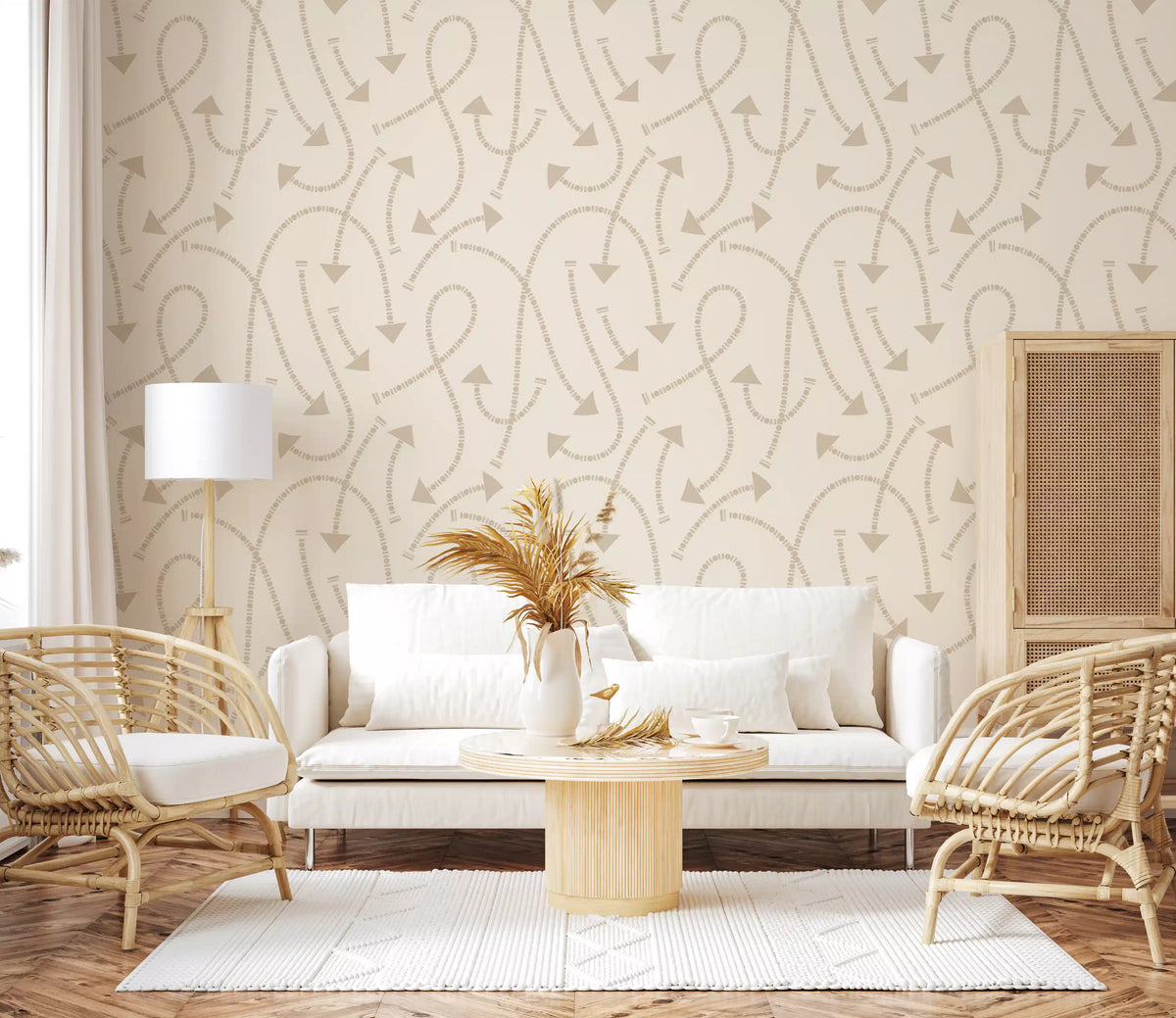 Cream geometric wallpaper in a living room with white sofa and rattan armchairs GD12457