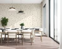 Cream geometric path wallpaper along a dining wall with black table and pendant lamps GD12457