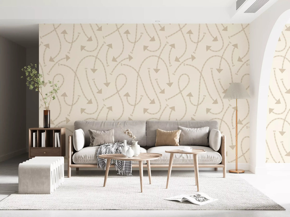 Beige geometric path wallpaper in an arched living room with grey sofa and floor lamp GD12457