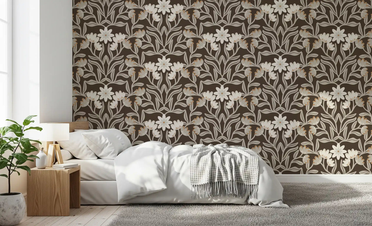 Cream and Mocha Botanical Trellis Wallpaper⁠