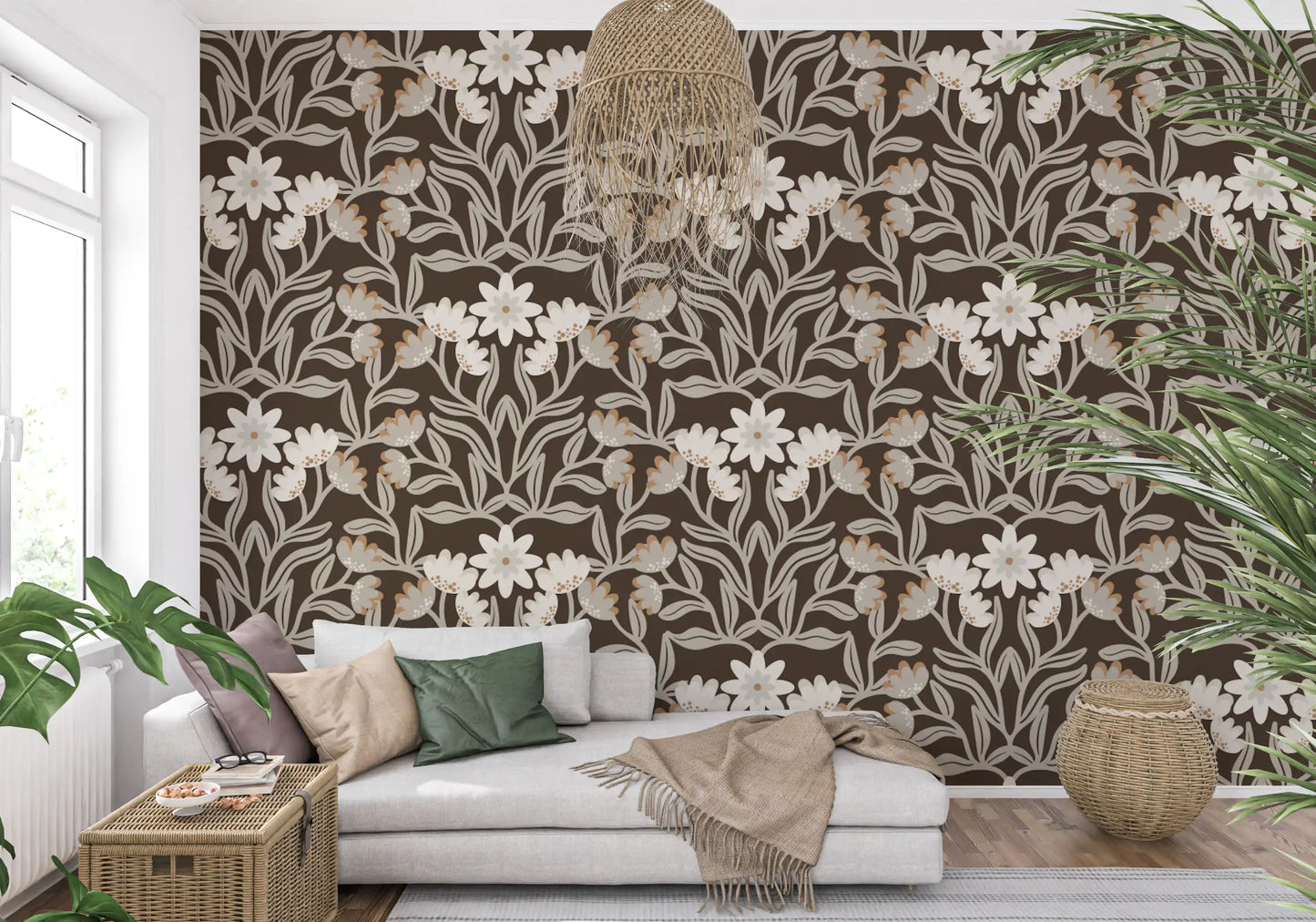 Cream and Mocha Botanical Trellis Wallpaper⁠