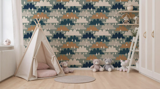 Abstract rainy day clouds wallpaper in a nursery with a teepee and teddy bears GD12460