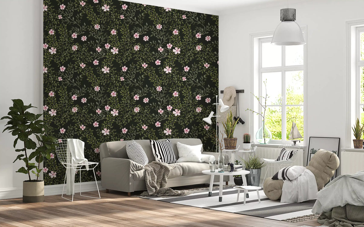 Dark charcoal floral wallpaper behind a grey sofa in a bright Scandinavian living room GD12467