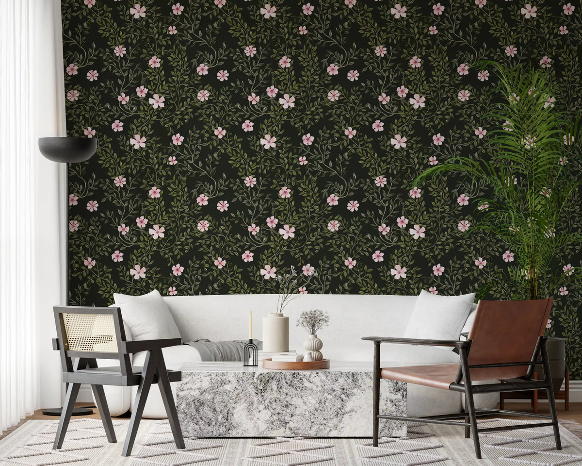 Dark floral wallpaper framing a white sofa with cane armchairs and a marble coffee table GD12467