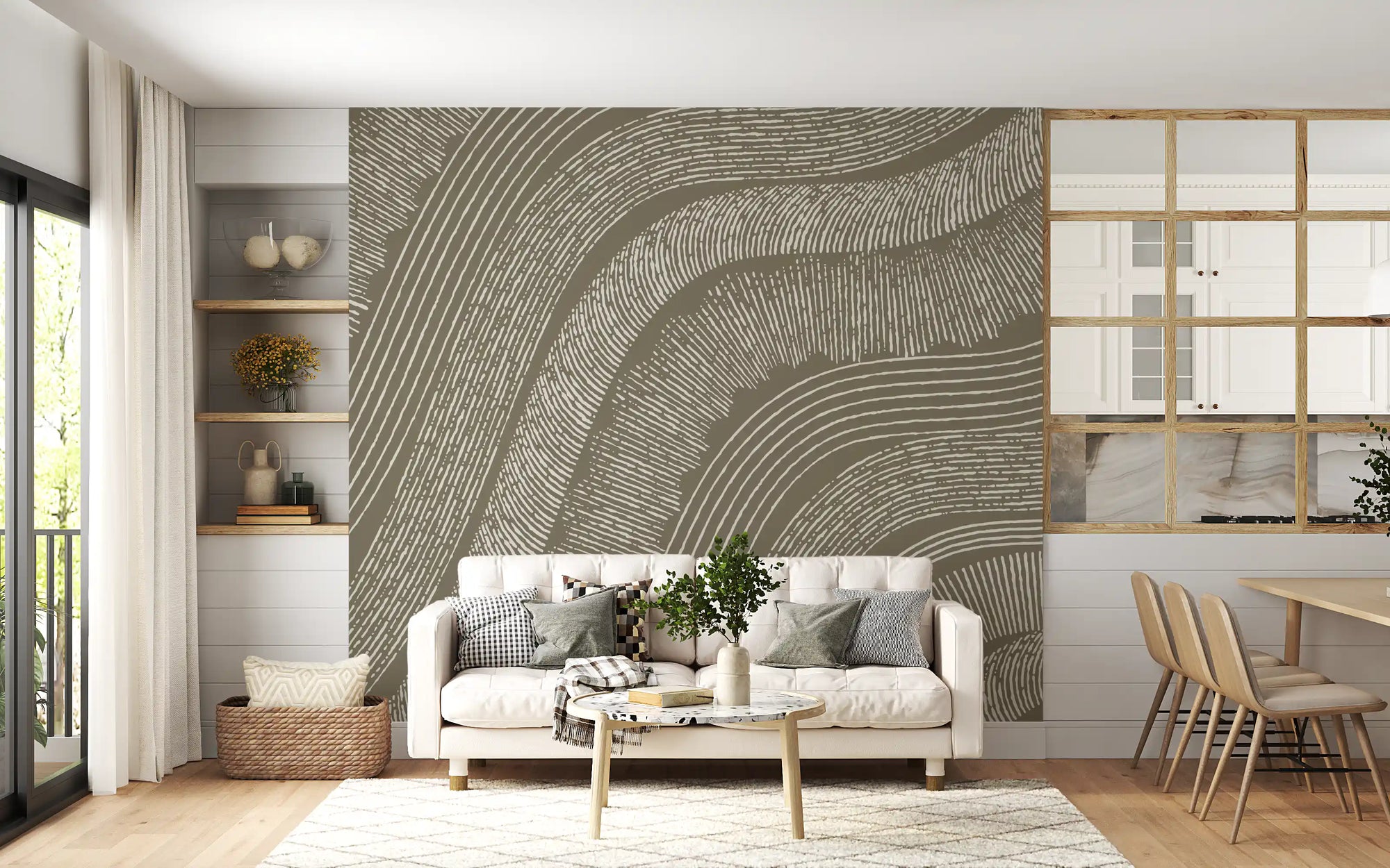 Taupe Wavy Etched Lines Wall Mural