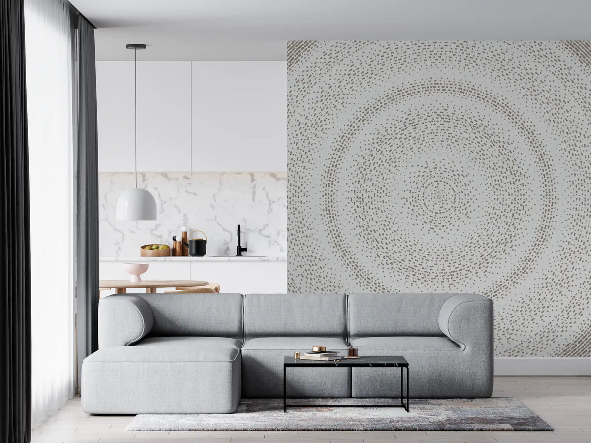 Minimalist dot ripple wall mural behind a grey sofa in an open-plan living room GD12474