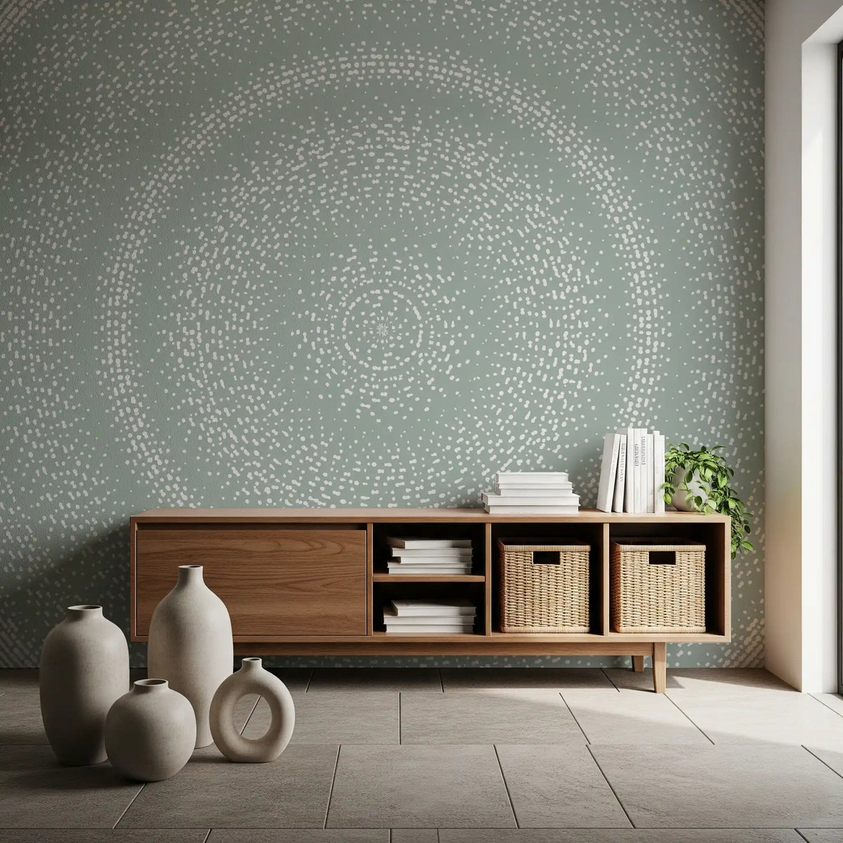 Sage green dot radiance wall mural above a wood console with ceramic vases GD12475