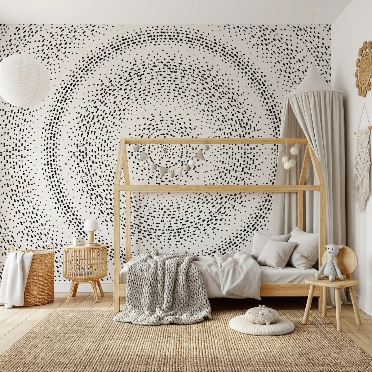 Celestial dotted circle wall mural in a kids room with a wood house-frame bed GD12476