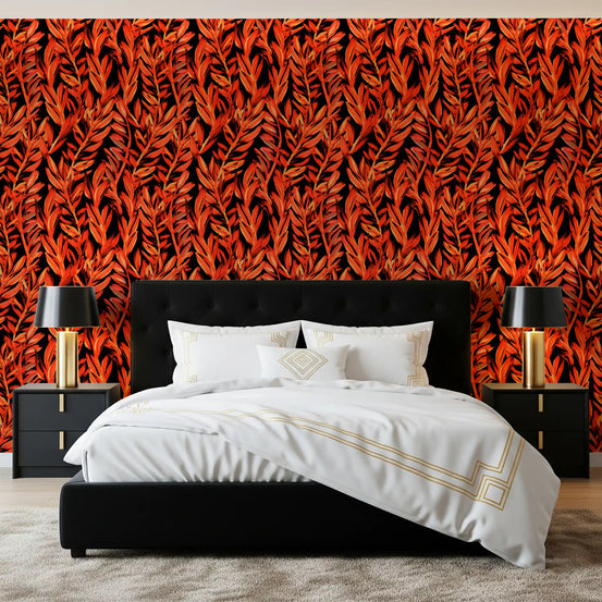 Fiery Painted Tropical Fronds Wallpaper⁠