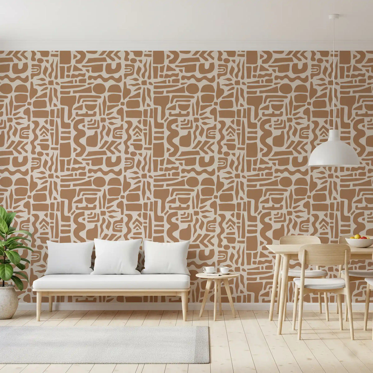 Abstract shapes wallpaper behind a white bench sofa and wood dining set GD12478
