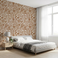 Abstract shapes wallpaper in a bedroom with a wood bed and bright window GD12478