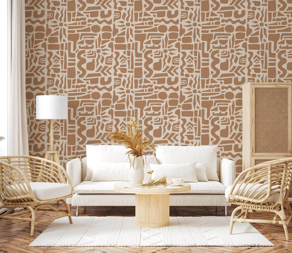 Abstract shapes wallpaper in a boho living room with white sofa and cane chairs GD12478