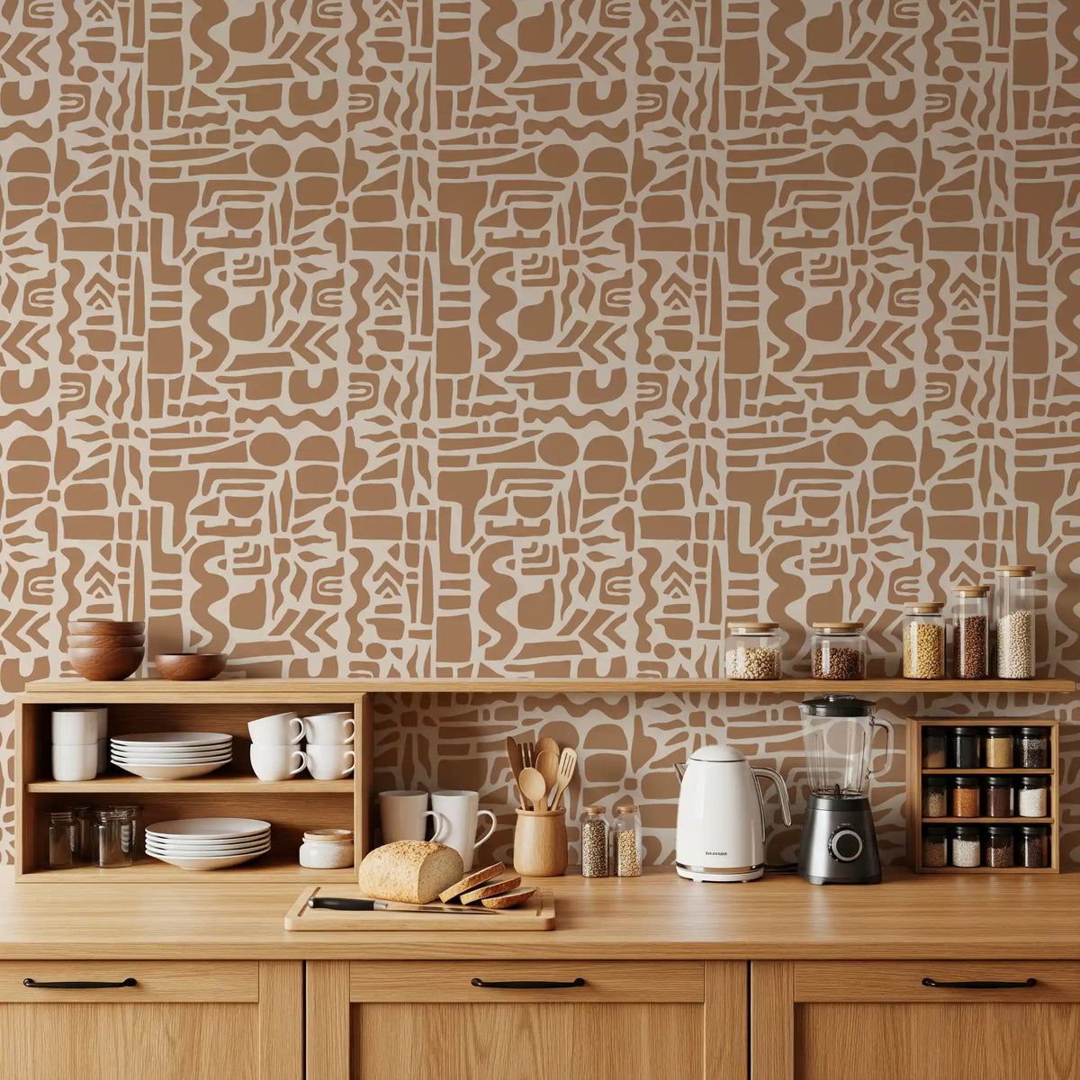 Earth toned shapes wallpaper in a kitchen with wood cabinets and dishware GD12478