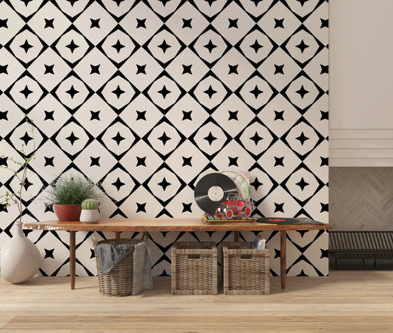 Monochrome Geometric Star Grid Wallpaper⁠