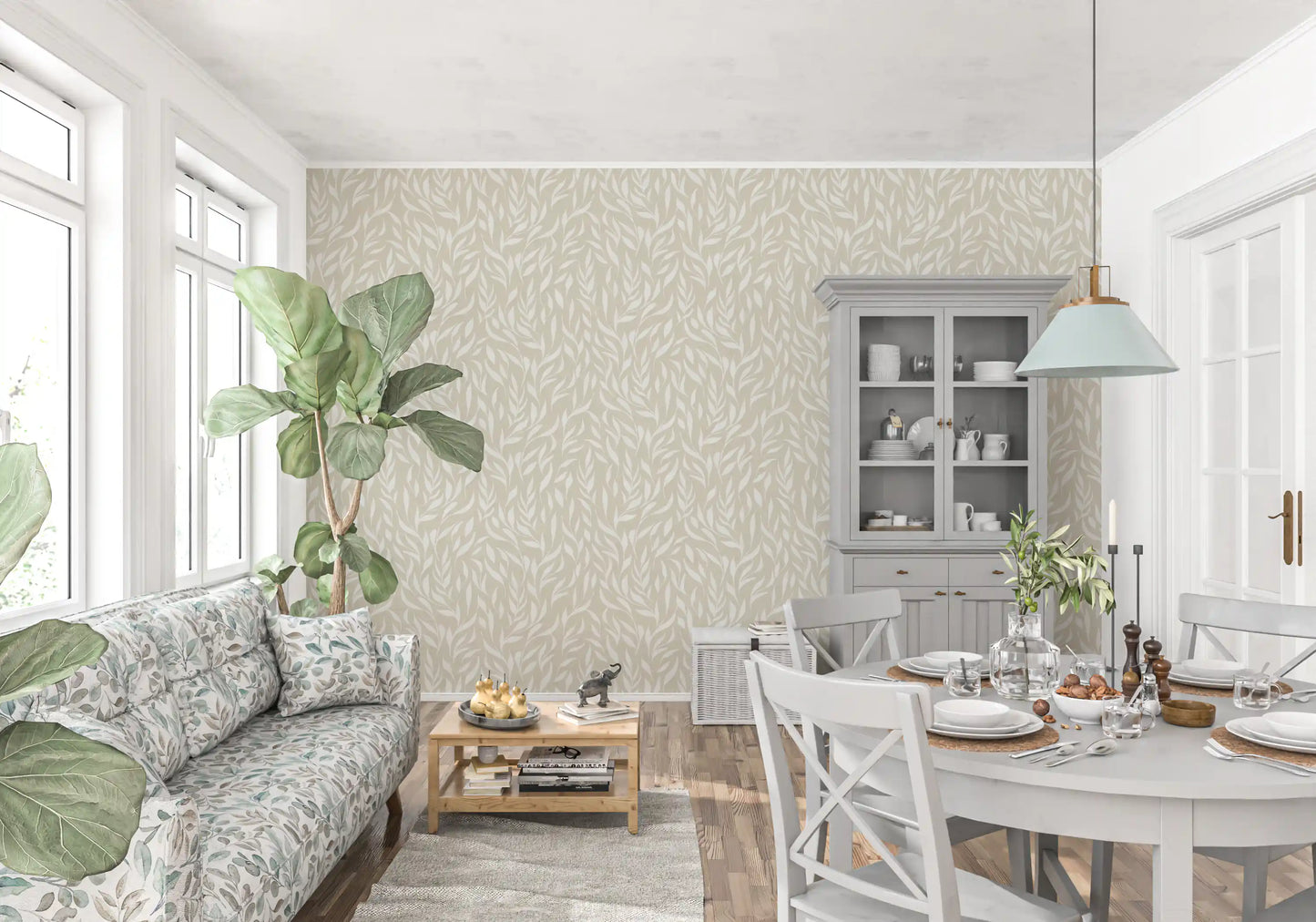 Serene Cream Botanical Leaves Wallpaper⁠
