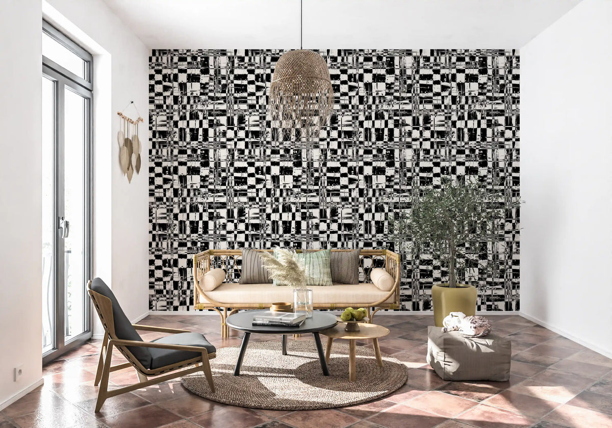 Abstract ink grid mural wallpaper in a sunlit corner with black lounge chair GD12488